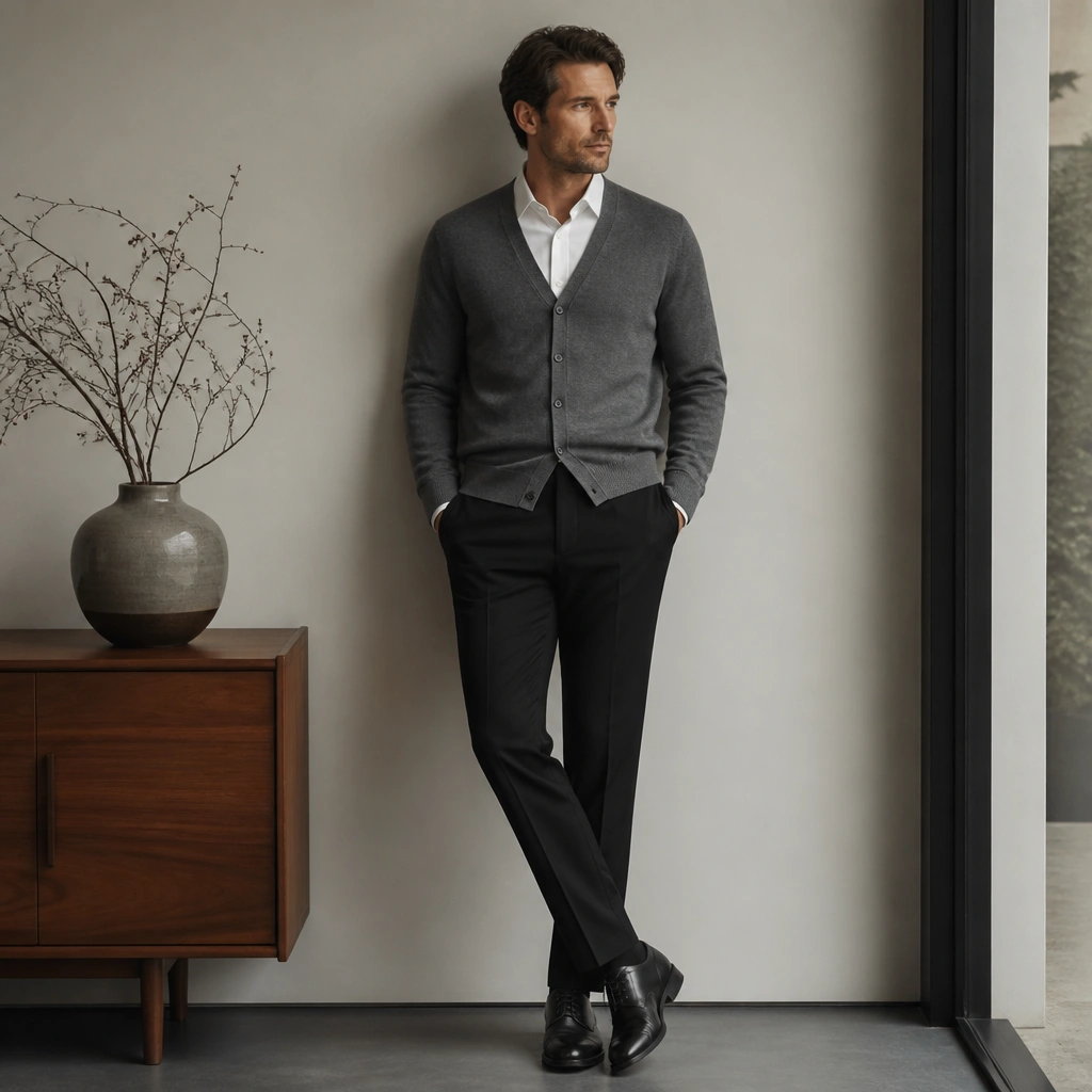A gray cardigan layered over a white dress shirt, worn with black suit trousers and black leather shoes; the shirt collar is visible and the cardigan is buttoned neatly.
