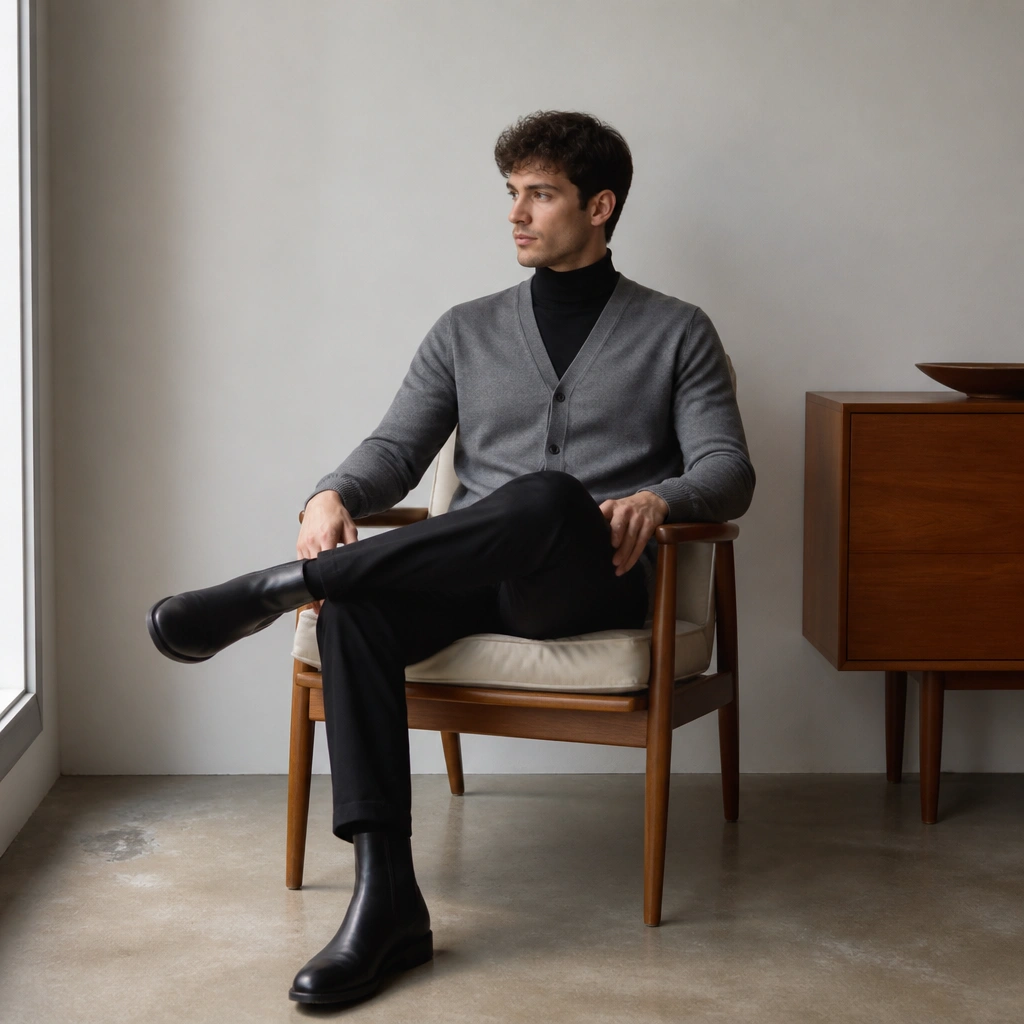 A medium grey cardigan buttoned up over a fitted black turtleneck, styled with black slim trousers and black Chelsea boots. The neckline contrast is clear in a neutral indoor photo.