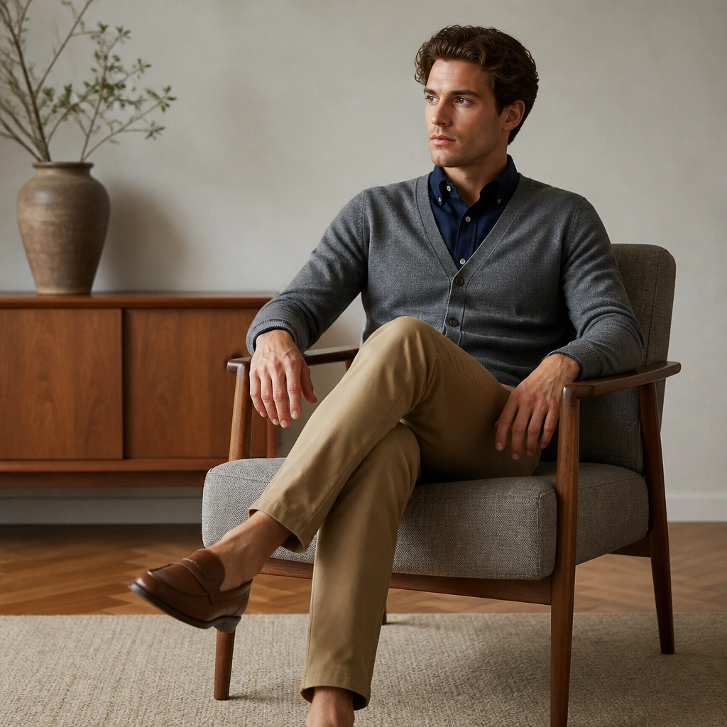 A grey cardigan worn over a navy button-down Oxford shirt, paired with tan chinos and brown leather loafers. The photo shows the shirt collar peeking above the cardigan neckline.