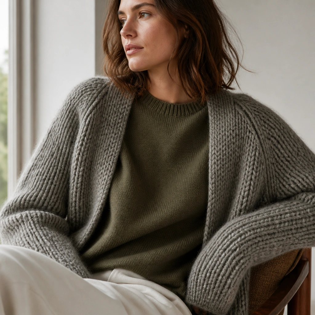 A chunky grey cardigan worn open over an olive crewneck sweater. The image highlights different knit textures: chunky cardigan loops on top of a smoother sweater.