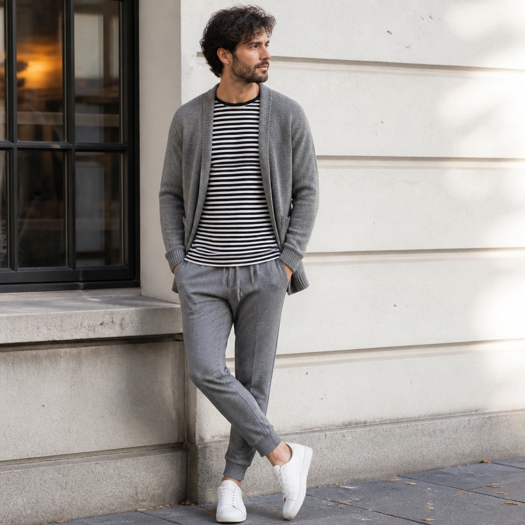 A grey cardigan worn open over a black-and-white striped T-shirt, paired with grey joggers and white sneakers. The photo looks casual and street-style with soft shadows.