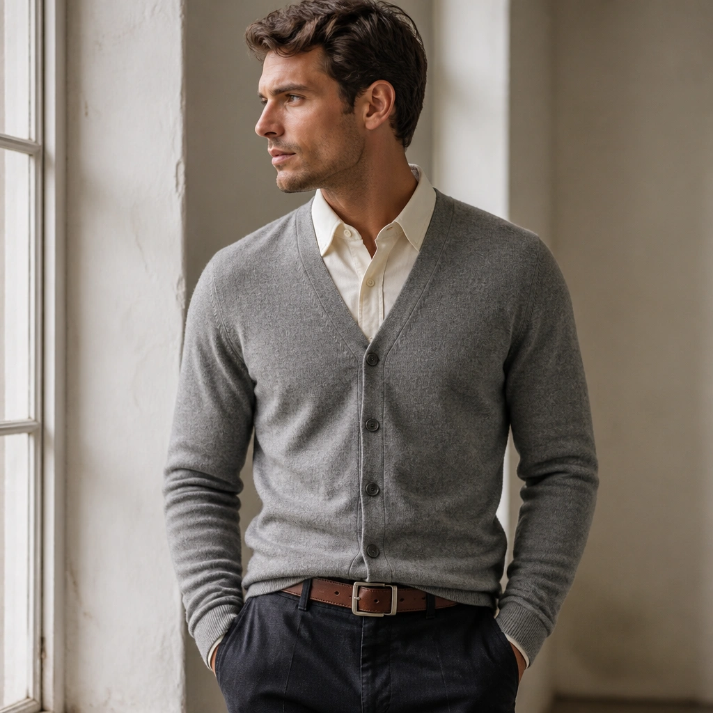 A heather grey cardigan buttoned up over a cream button-down shirt, shown with a brown leather belt and dark trousers. The cardigan buttons align neatly with the shirt placket.