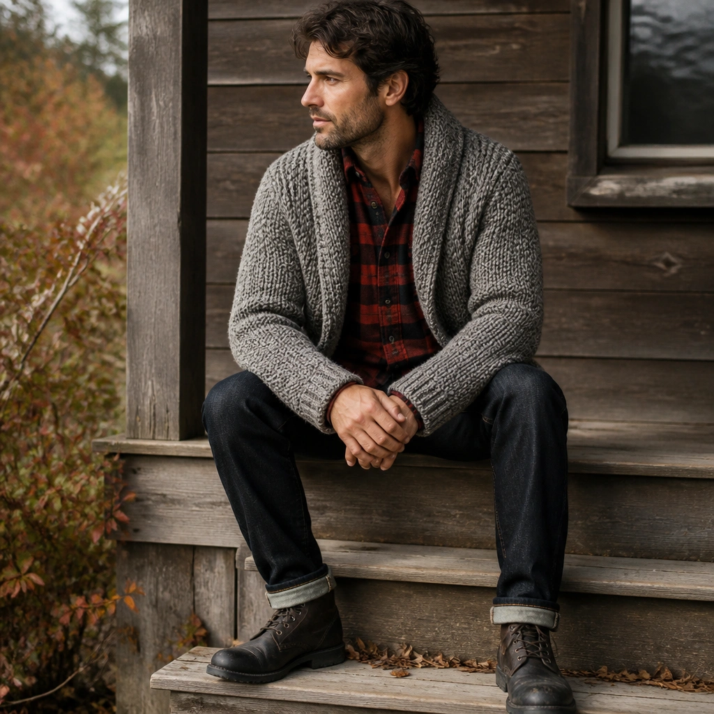 A chunky knit grey cardigan worn open over a red-and-black flannel shirt, paired with rugged dark work boots and dark jeans. The photo shows thick yarn and visible cardigan patterning.