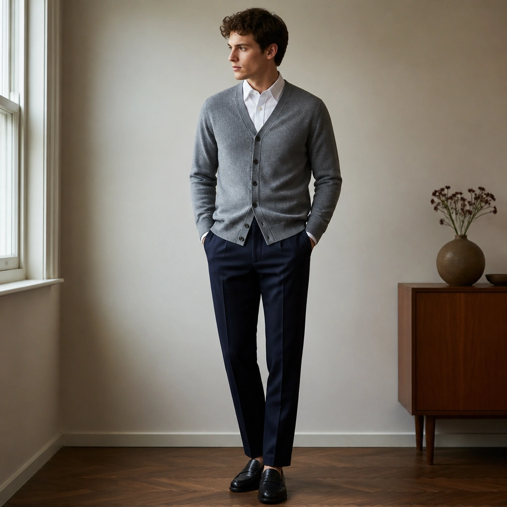A medium grey cardigan buttoned neatly over a crisp white dress shirt, paired with navy tailored trousers and sleek black loafers. The shirt collar sits flat under the cardigan.