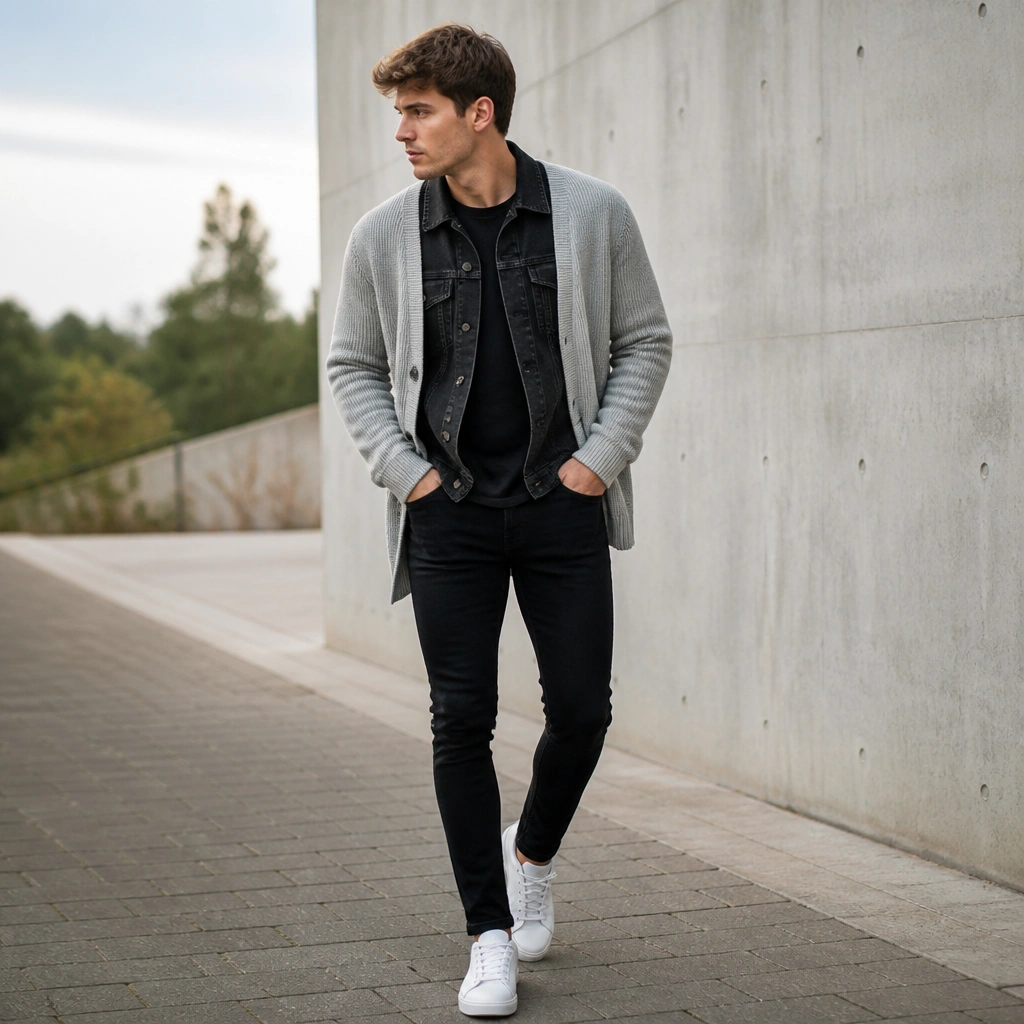 A grey cardigan worn open over a black denim jacket, with black skinny jeans and white sneakers. The cardigan front shows the denim collar and seams underneath.