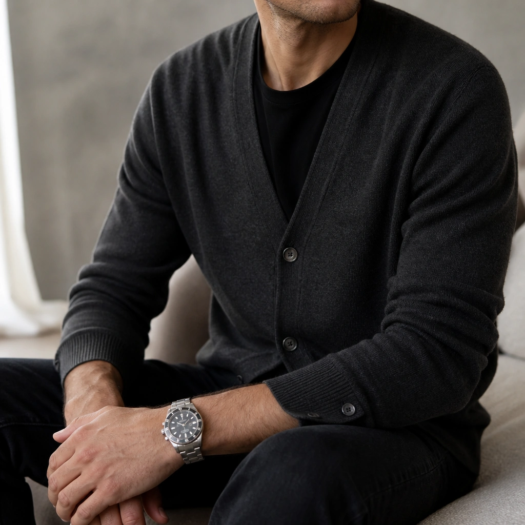 A charcoal grey cardigan buttoned over a black crew-neck tee, paired with black jeans. A silver wristwatch is visible at the cardigan cuff in a close-up style shot.