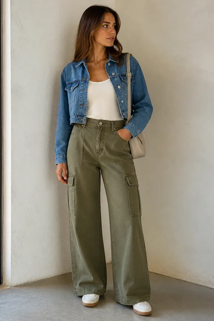 Model wearing cream ribbed tank tucked into olive wide-leg cargo jeans, cropped blue denim jacket, flat white sneakers, and a small crossbody bag. Natural daylight, full outfit visible from waist to shoes.
