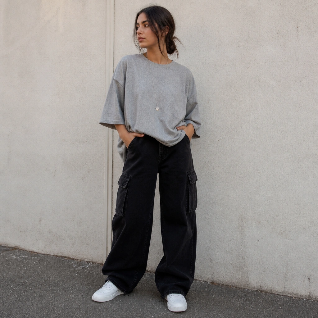 Black wide-leg cargo jeans paired with an oversized heather-gray tee worn loose, white low-top sneakers, and a long silver necklace. Outfit photographed outdoors with a simple wall background.