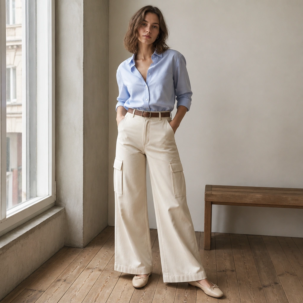 Light sand wide-leg cargo jeans with a sky-blue button-up shirt worn slightly open at the collar, sleeves rolled to mid-forearm, ballet flats, and a brown belt. Clear view of pockets and belt placement.