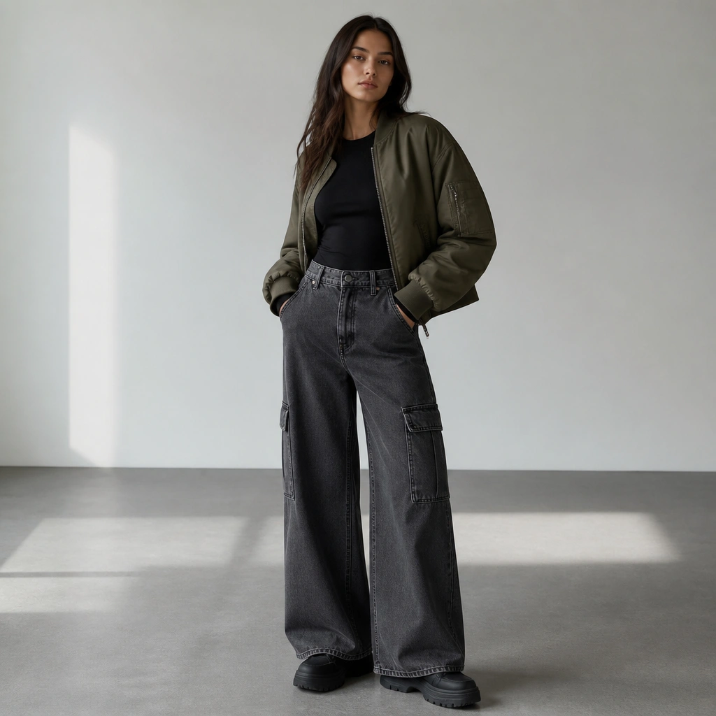 Charcoal wide-leg cargo jeans with a fitted black long-sleeve top, a lightweight olive bomber jacket, and chunky platform sneakers. The photo shows the waistline and jacket length clearly.