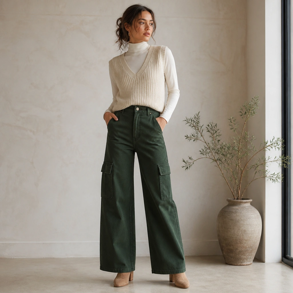 Forest green wide-leg cargo jeans styled with a cream sweater vest over a fitted cream turtleneck, plus tan ankle boots. The image highlights the layered neckline and pocket placement.