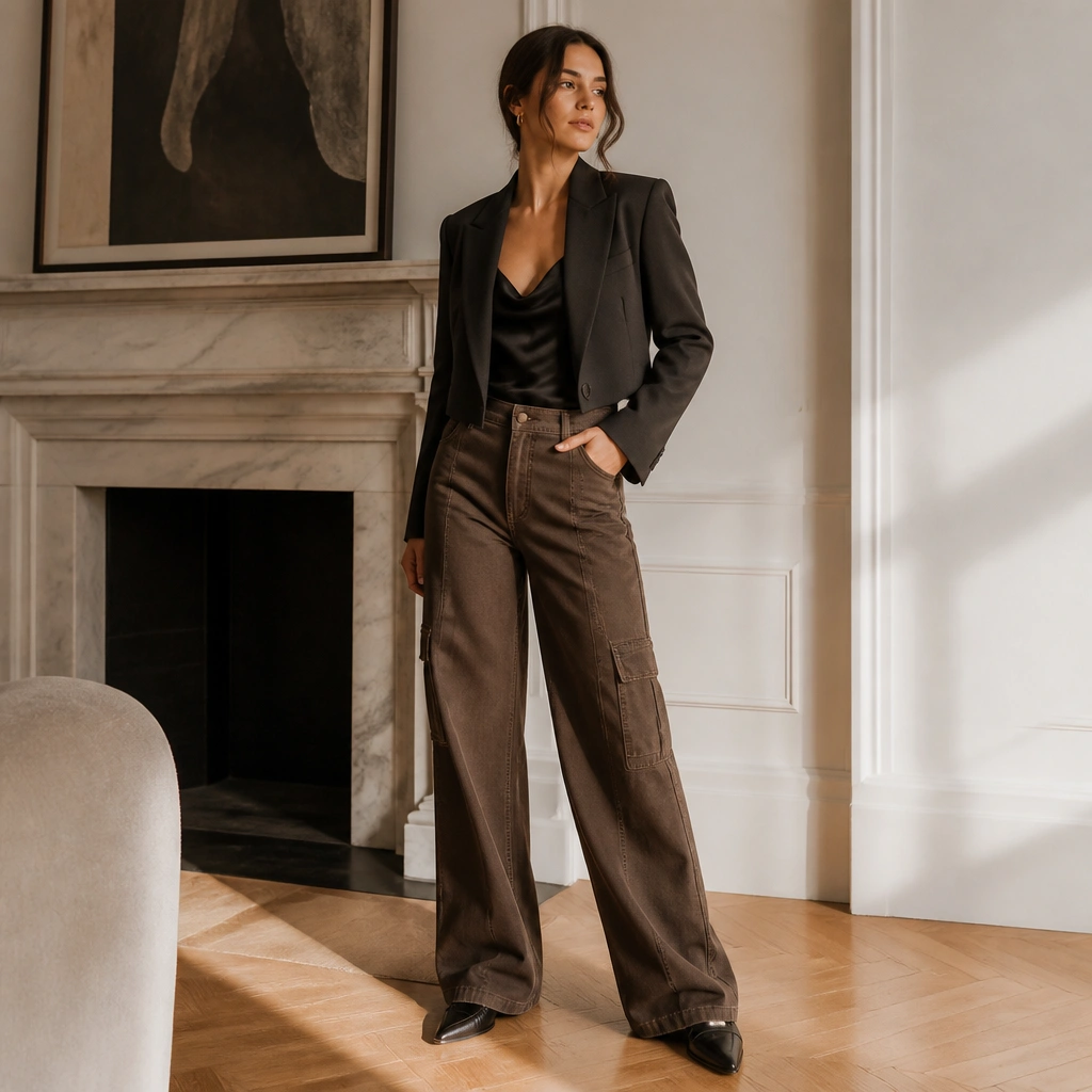 Mocha brown wide-leg cargo jeans with a black satin cami worn with a cropped tailored blazer, minimal gold hoops, and pointed-toe loafers. Lighting is warm indoor, showing fabric shine.