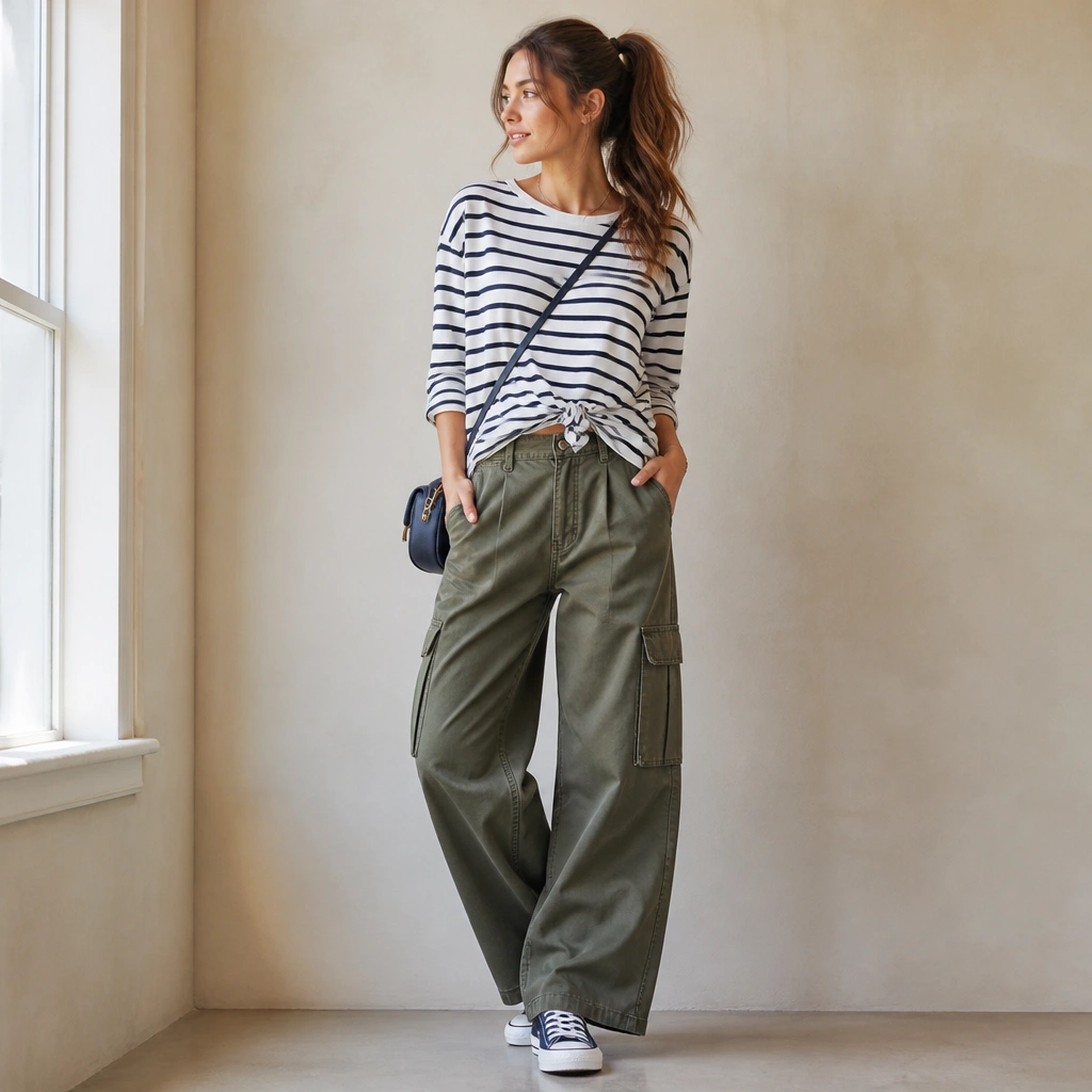 Olive wide-leg cargo jeans with a navy-and-white striped Breton tee worn loose with a front knot, plus canvas sneakers and a high ponytail. Outfit includes a small crossbody bag.