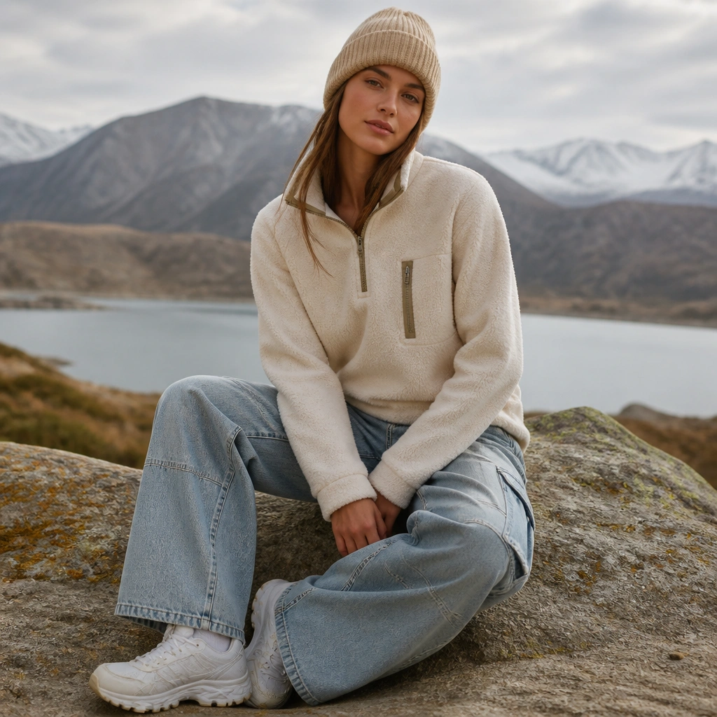 Light wash wide-leg cargo jeans paired with a soft fleece quarter-zip in oatmeal, a beanie, and white trail sneakers. The photo shows the quarter-zip zipper and pocket details.