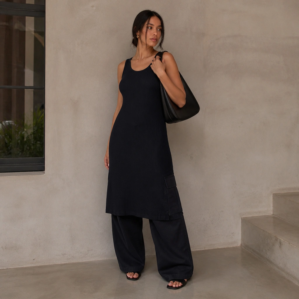 Black wide-leg cargo jeans with a ribbed tank dress worn over the jeans, creating a long, relaxed silhouette, plus black sandals and a shoulder bag. The photo shows how the dress falls over the cargo pockets.