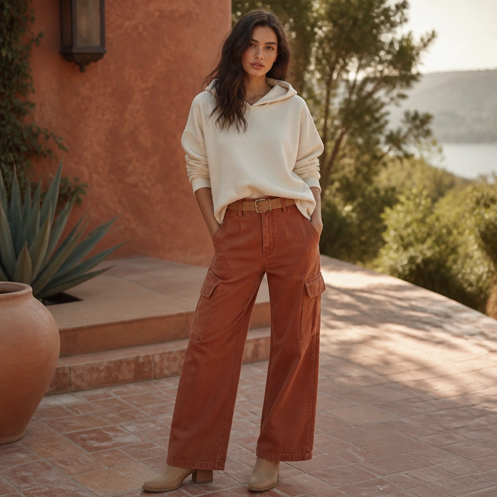 Rust or terracotta wide-leg cargo jeans with a cream hoodie worn loose, a tan leather belt visible at the waist, and tan ankle boots. Warm outdoor light highlights the color.