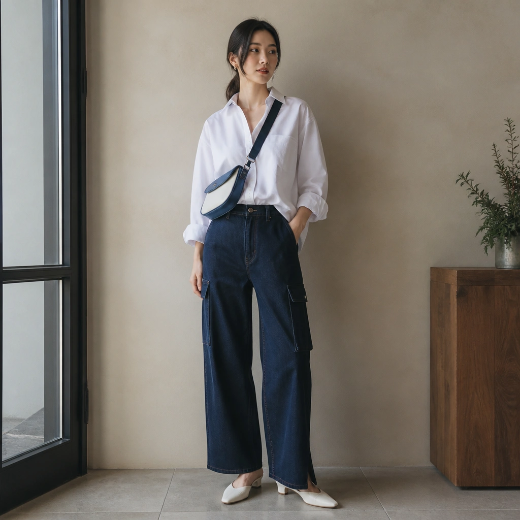 Navy wide-leg cargo jeans styled with a white button-down worn half-tucked, a blue-and-white crossbody sling bag, and low-heeled mules. The photo clearly shows the half-tuck and bag placement.