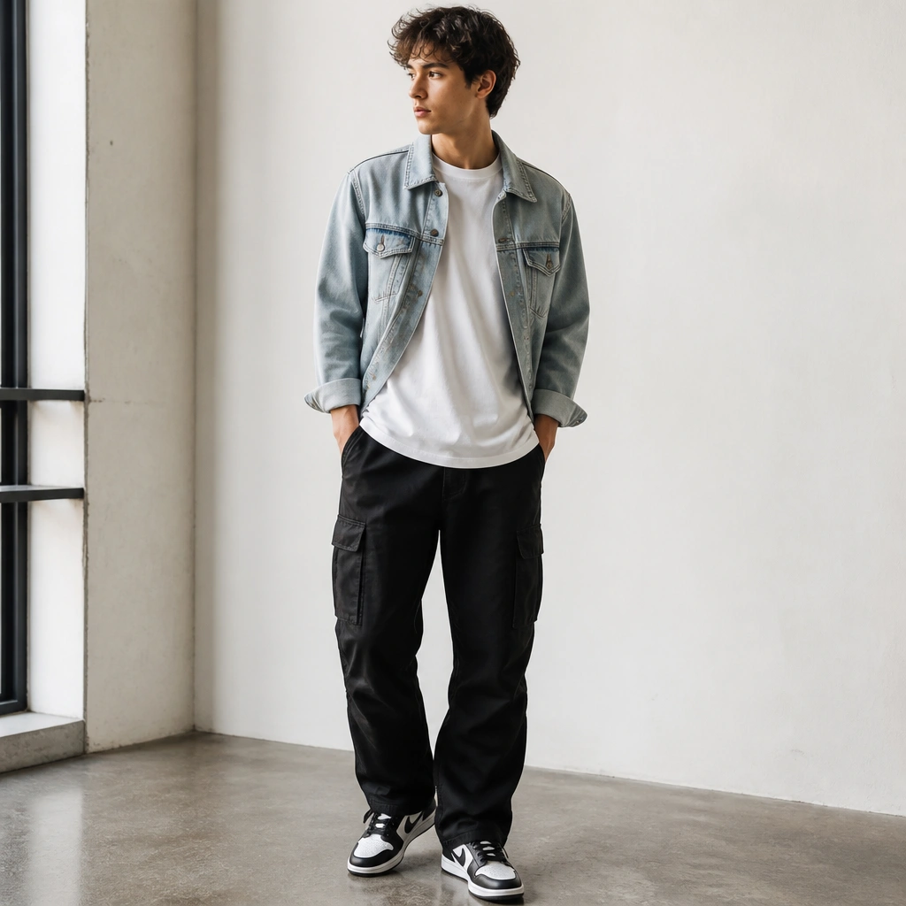 White boxy T-shirt worn over black cargo jeans, topped with a light-wash denim jacket; cuffed sleeves; black-and-white sneakers.