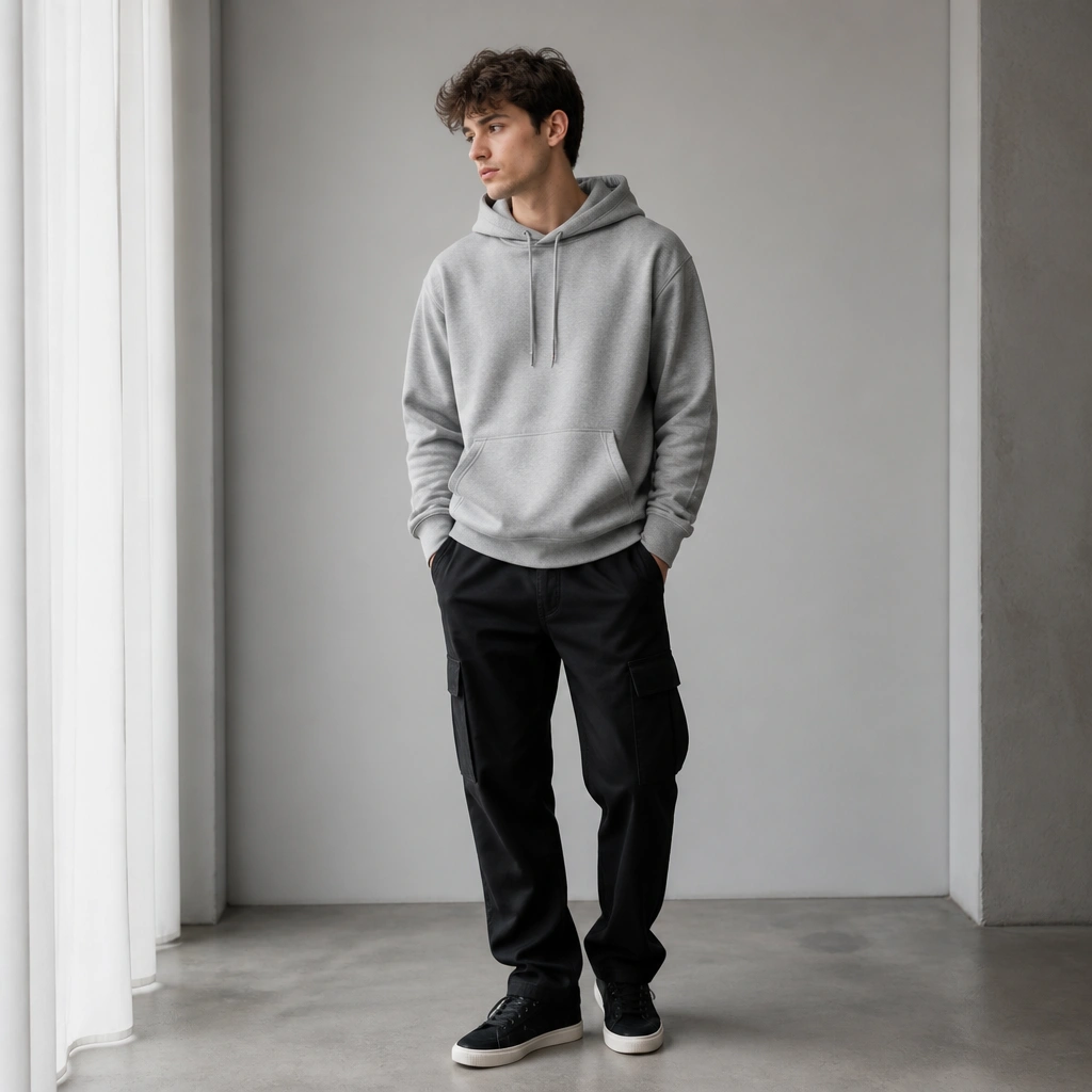 Heather gray hoodie paired with black cargo jeans; hoodie strings visible; black sneakers with white soles; relaxed stance.