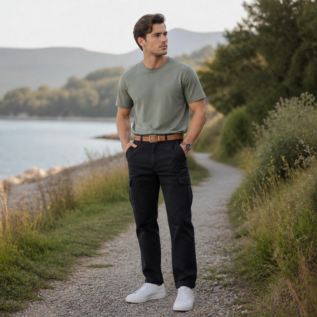 Sage green t-shirt tucked into black cargo jeans with a tan leather belt; white sneakers; subtle watch; outdoors background.