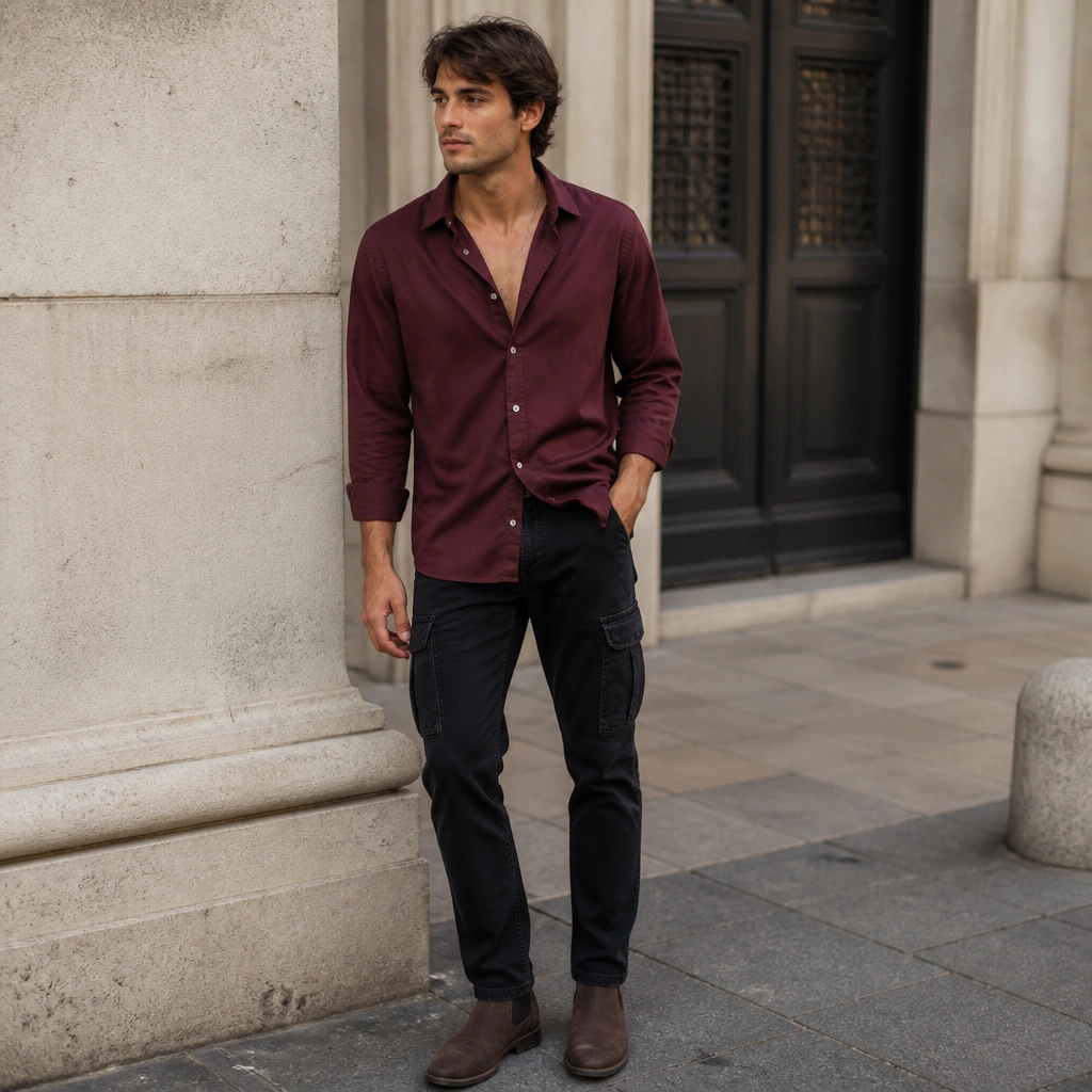 Burgundy button-down shirt worn slightly open with a half-tuck into black cargo jeans; top button undone; brown boots; relaxed street pose.