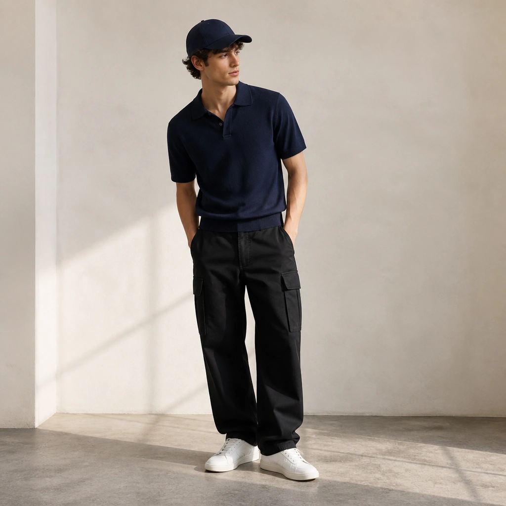 Navy knit polo with a clean collar and short sleeves, tucked into black cargo jeans; navy cap; white sneakers.