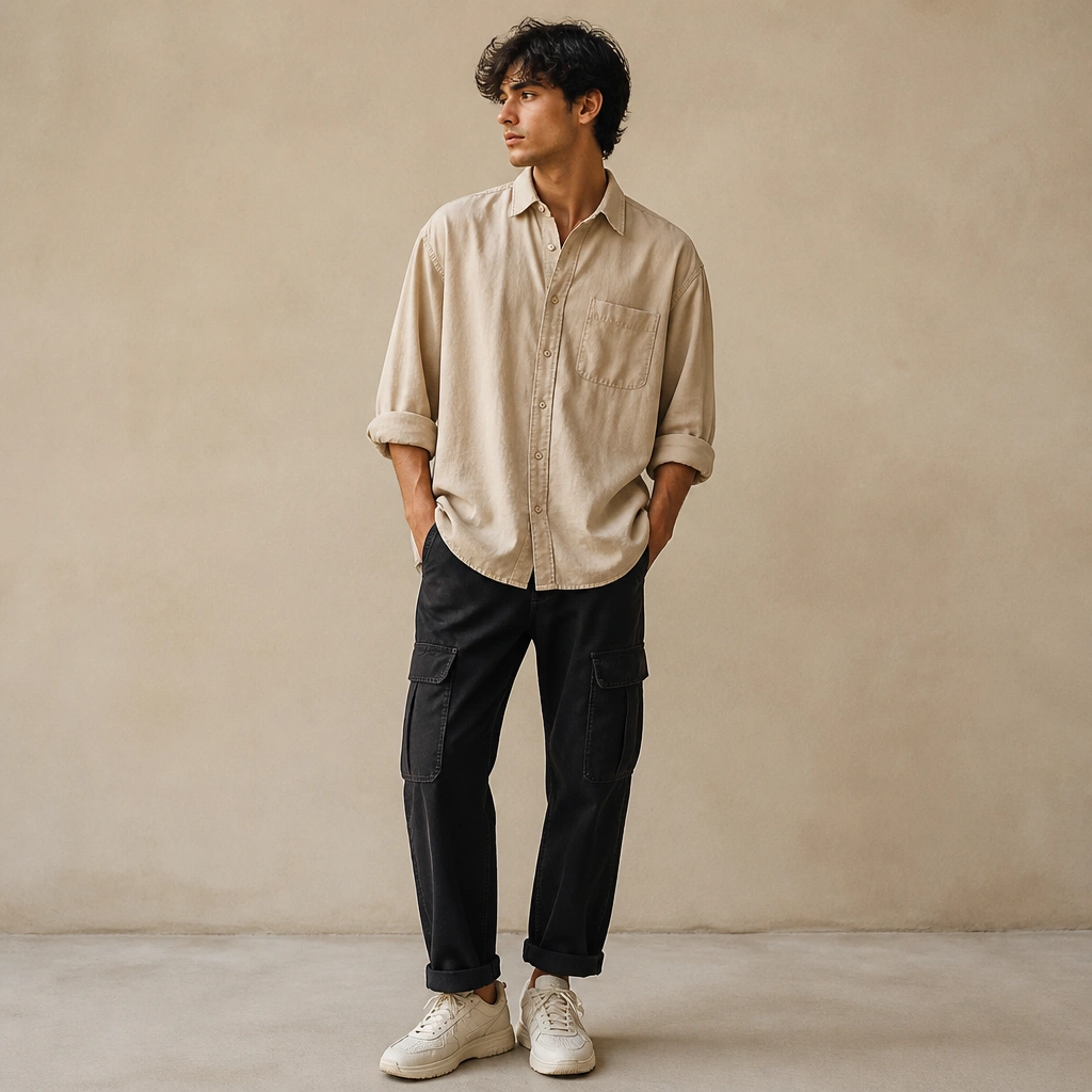 Sand/beige oversized button-up worn over black cargo jeans; rolled sleeves; cargo cuffs rolled once; sandals or sneakers; neutral background.