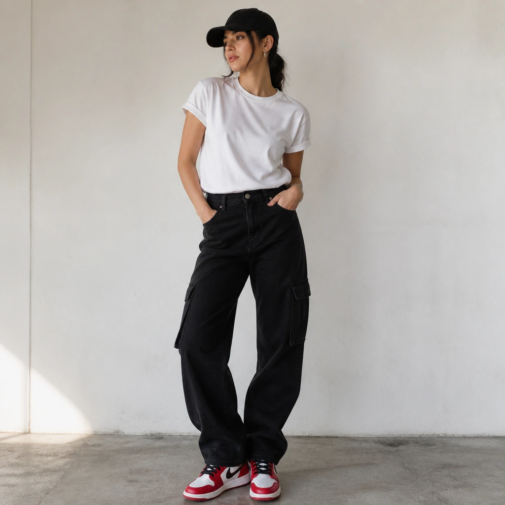 White graphic T-shirt tucked into black cargo jeans; red high-top sneakers; black baseball cap; bold but simple styling.