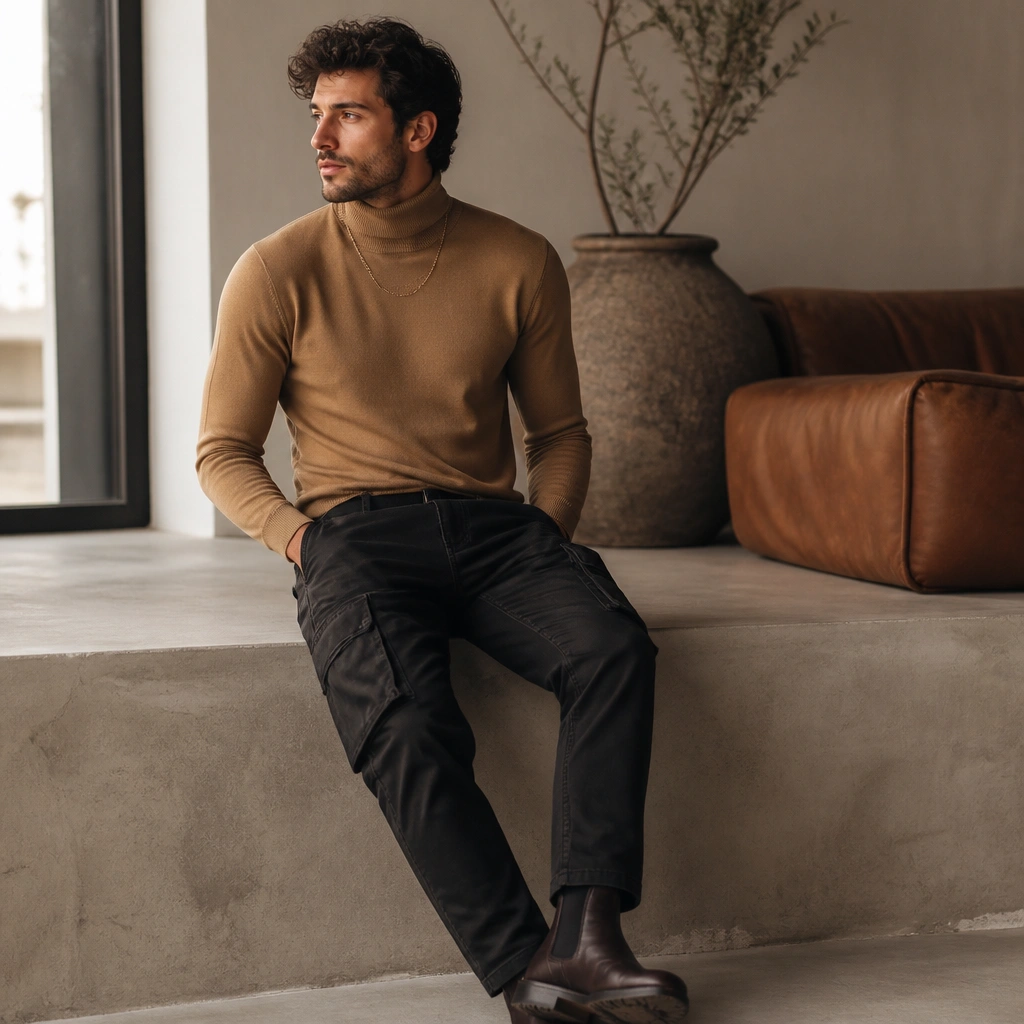 Camel turtleneck sweater paired with black cargo jeans; minimal gold chain; dark loafers or boots; soft indoor lighting.
