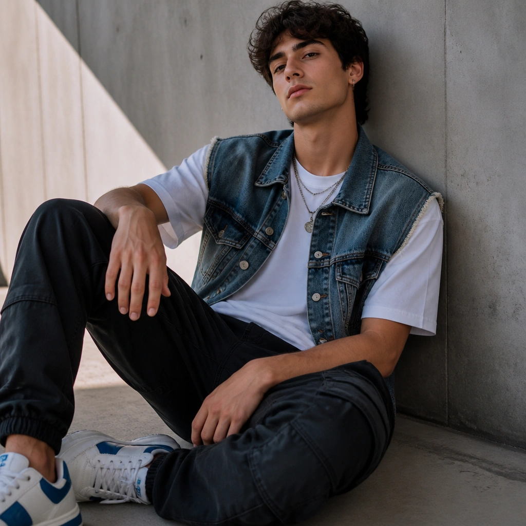 White tee under a blue denim vest; black cargo jeans; layered necklaces; sneakers with blue accents.