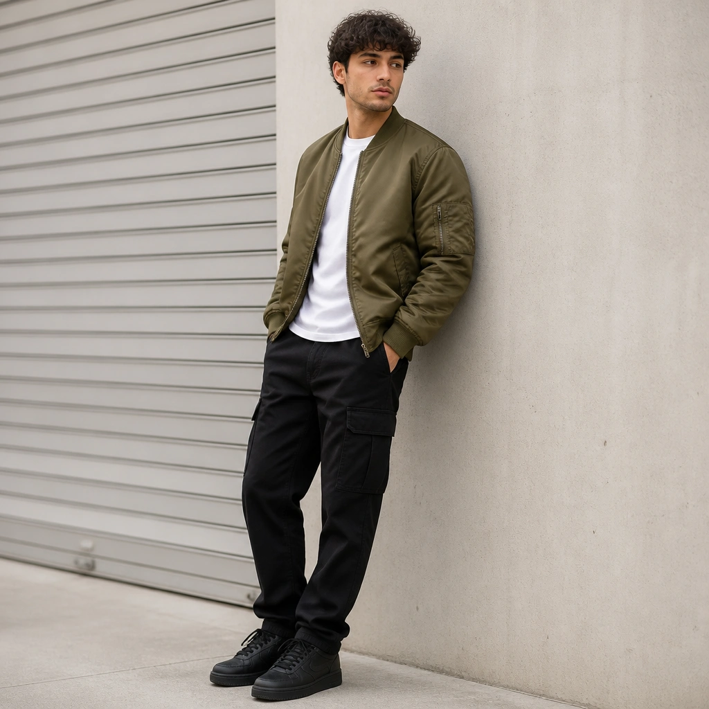 Olive bomber jacket worn open over a plain black or white tee; black cargo jeans; black sneakers; slight streetwear vibe.