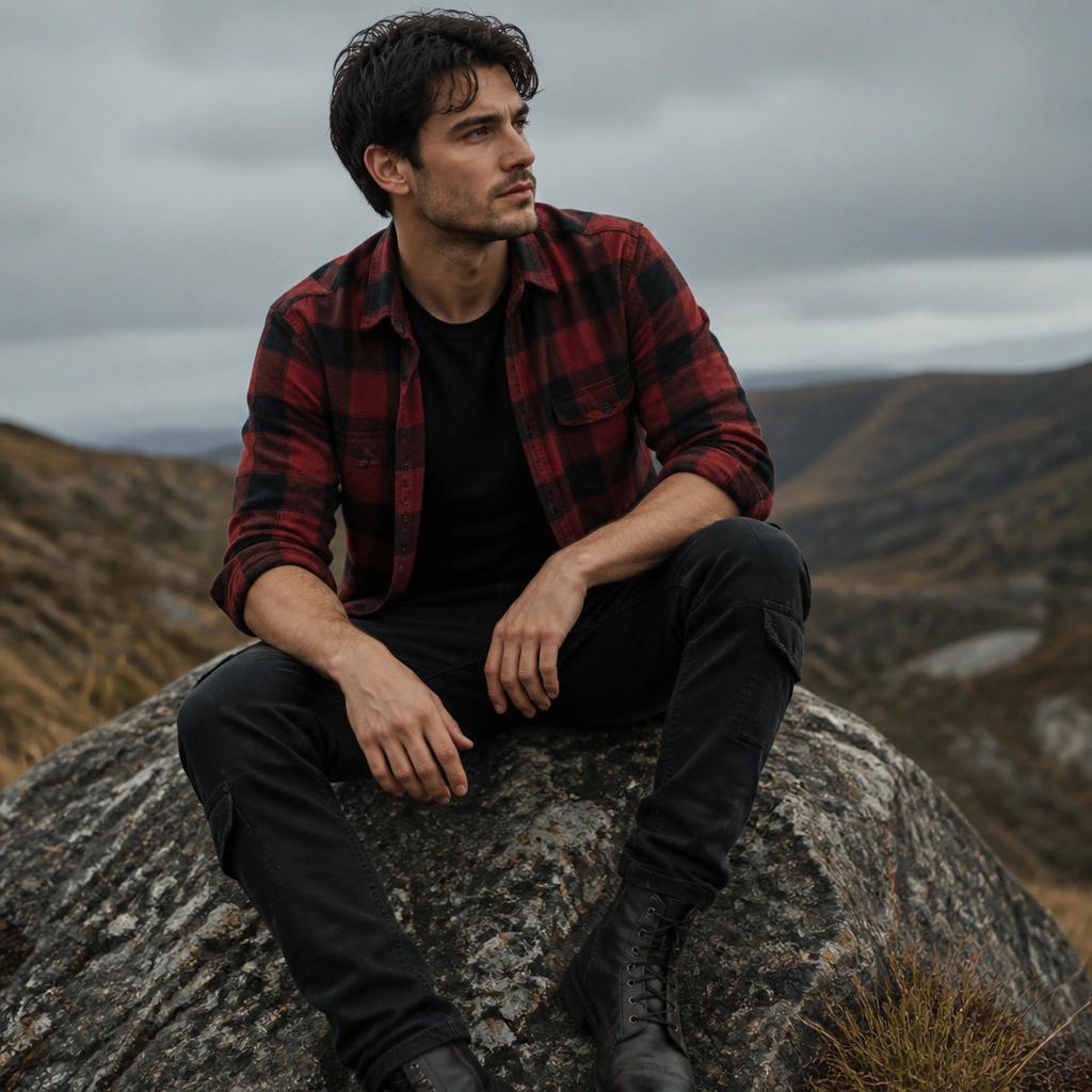 Red-and-black plaid flannel layered over a black tee, worn with black cargo jeans; dark leather boots; cuffed sleeves.