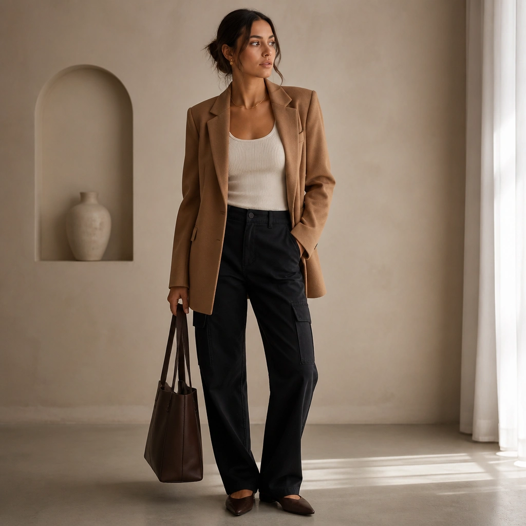 Black cargo jeans paired with a fitted cream ribbed tank and a longline camel blazer. The blazer falls to mid-hip, and the look is finished with pointed-toe flats and a structured tote.