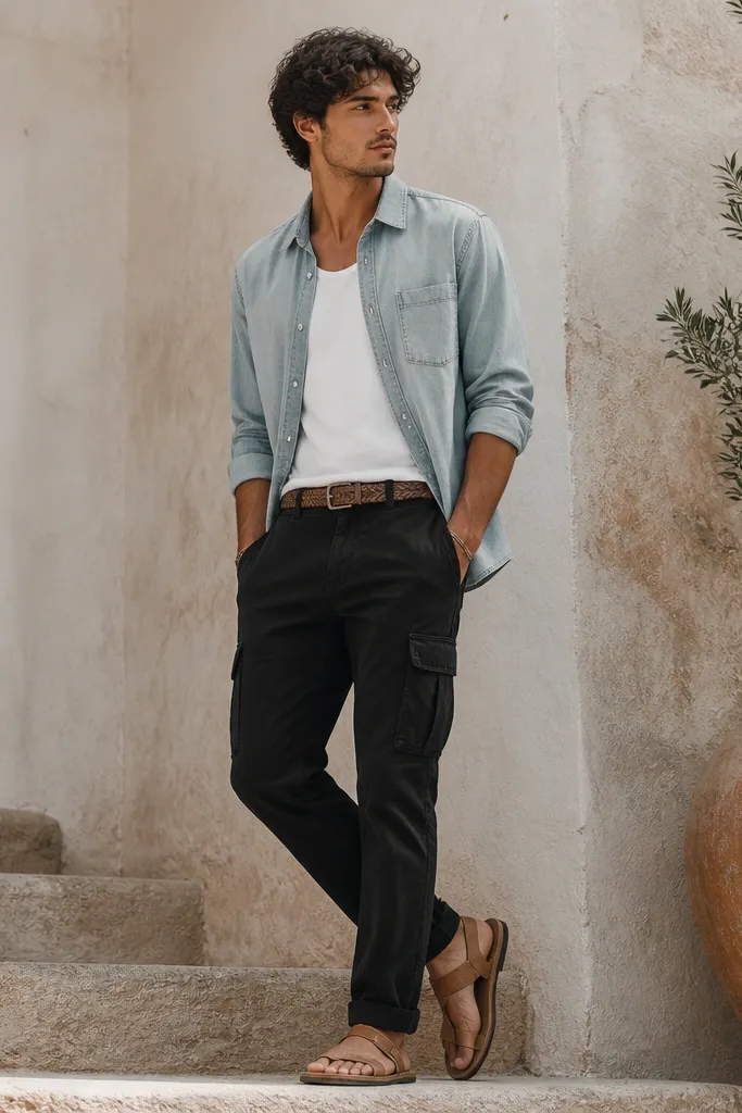 Black cargo jeans styled with a light-wash denim button-up worn slightly open over a white tee. The sleeves are rolled to the forearms, and the outfit includes tan leather sandals and a woven belt.