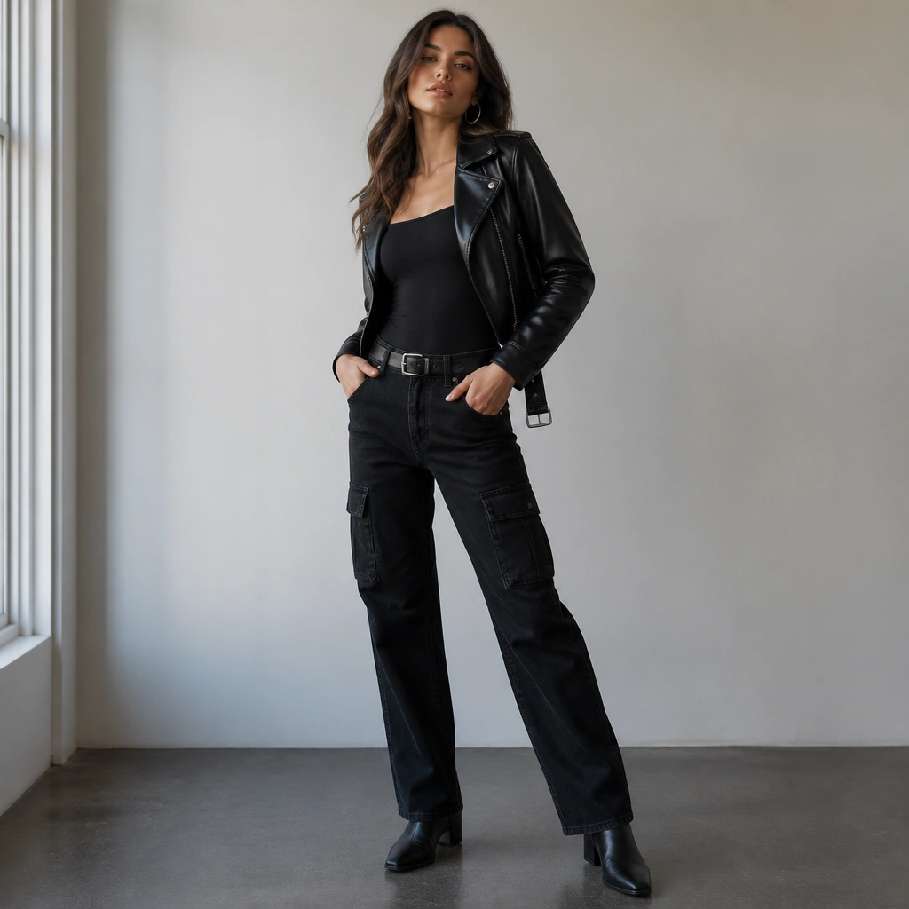 Black cargo jeans with a fitted black bodysuit and a cropped black moto leather jacket. The look includes silver hoop earrings, a sleek belt, and black ankle boots with a slight heel.