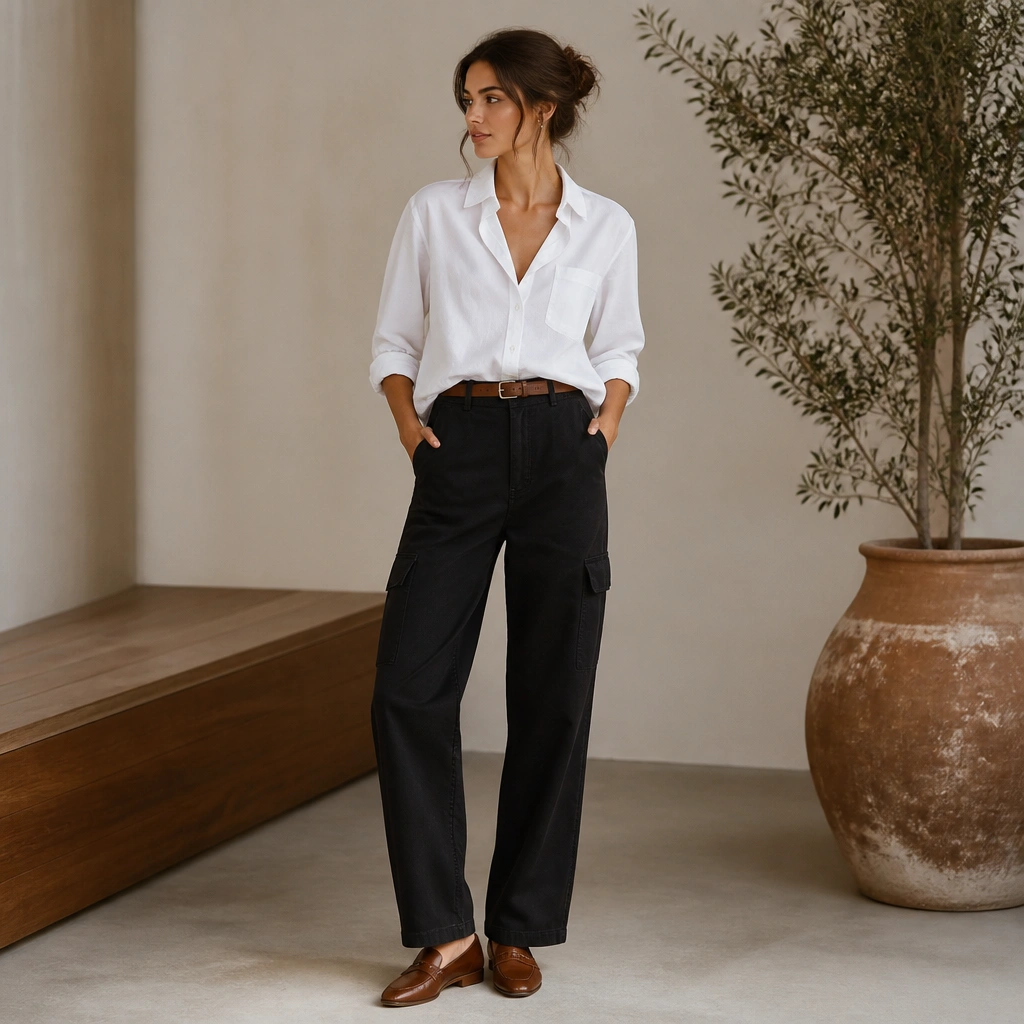 Black high-waisted cargo jeans with a crisp white button-down tucked in at the front. The sleeves are rolled, and the outfit is finished with brown loafers and a slim leather belt.
