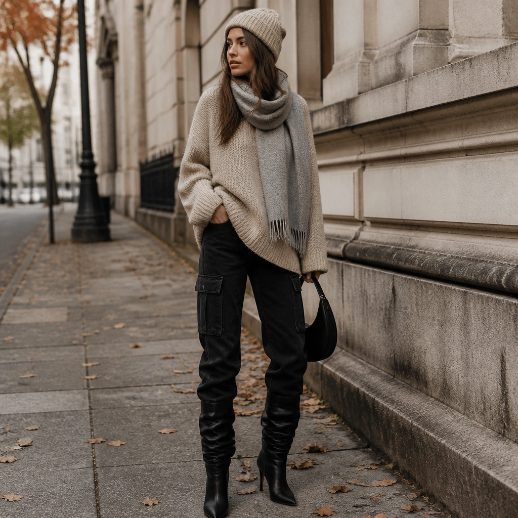 Black cargo jeans paired with an oversized oatmeal knit sweater that drapes past the hips. The outfit includes tall slouchy black boots and a knit beanie, with a scarf in a soft gray tone.
