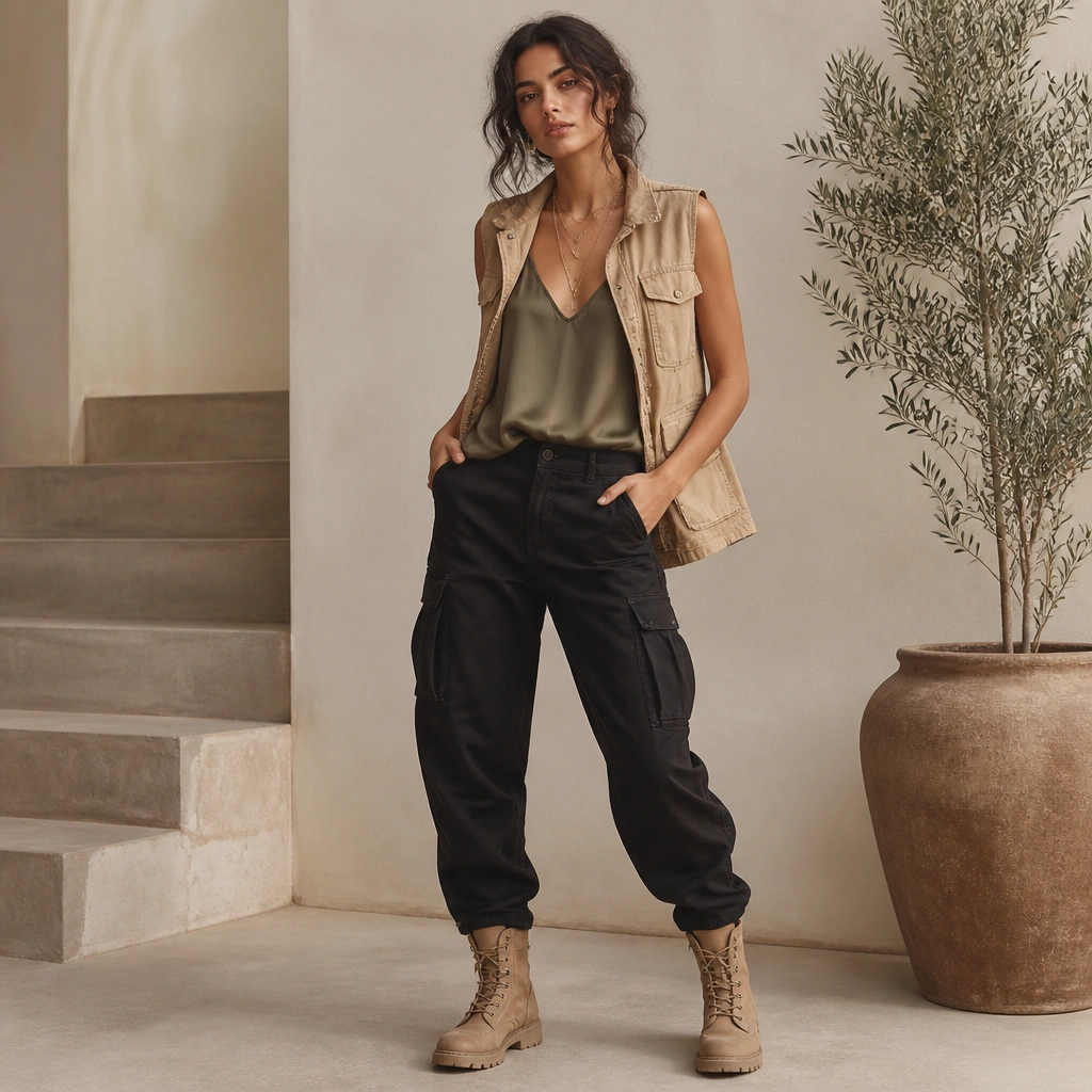 Black cargo jeans styled with a silky olive cami and a sand-colored utility vest. The vest is open, showing layered necklaces, and the outfit is finished with tan lace-up boots.