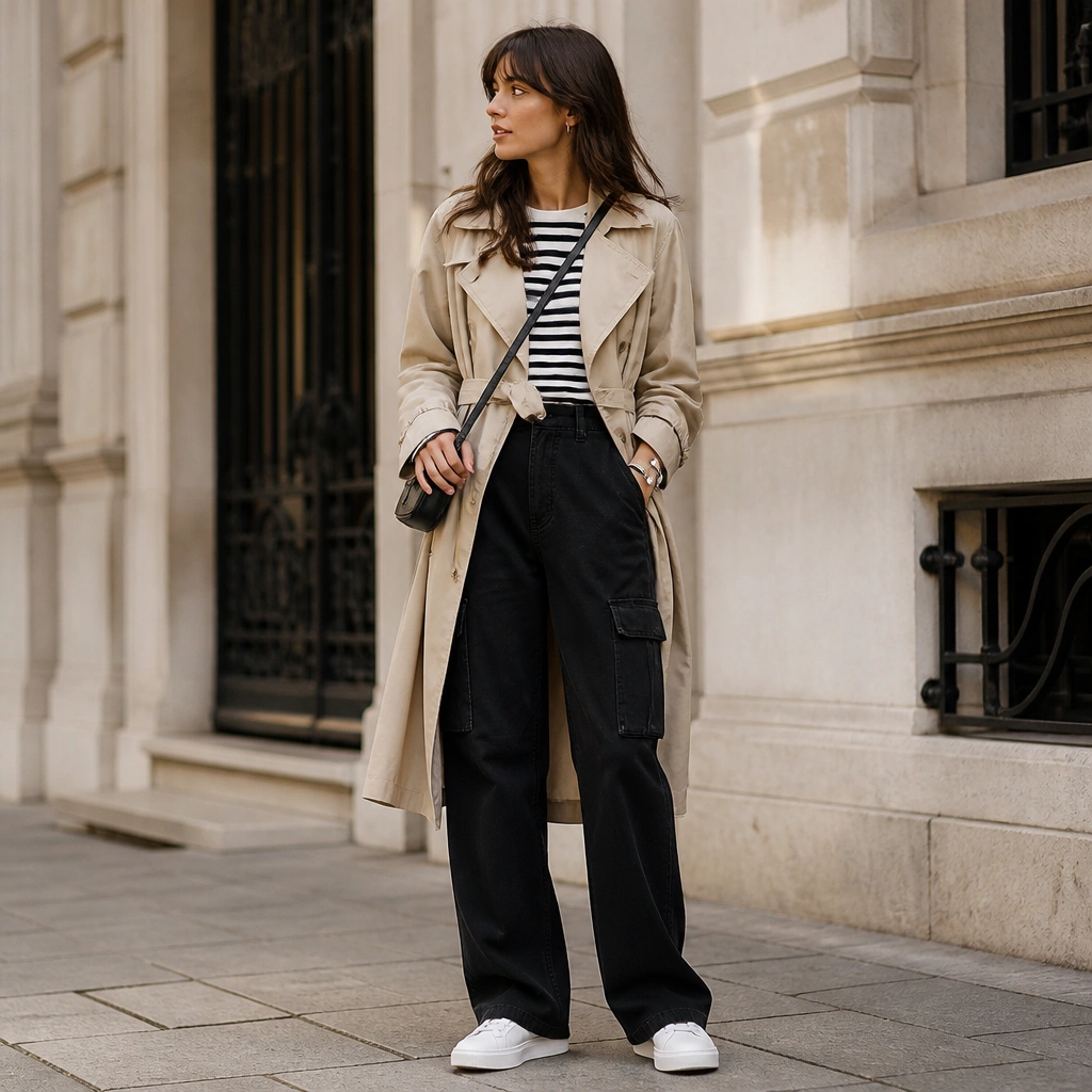 Black cargo jeans with a navy-and-white striped tee and a beige lightweight trench coat. The trench is belted at the waist, and the outfit includes white sneakers and a small crossbody bag.
