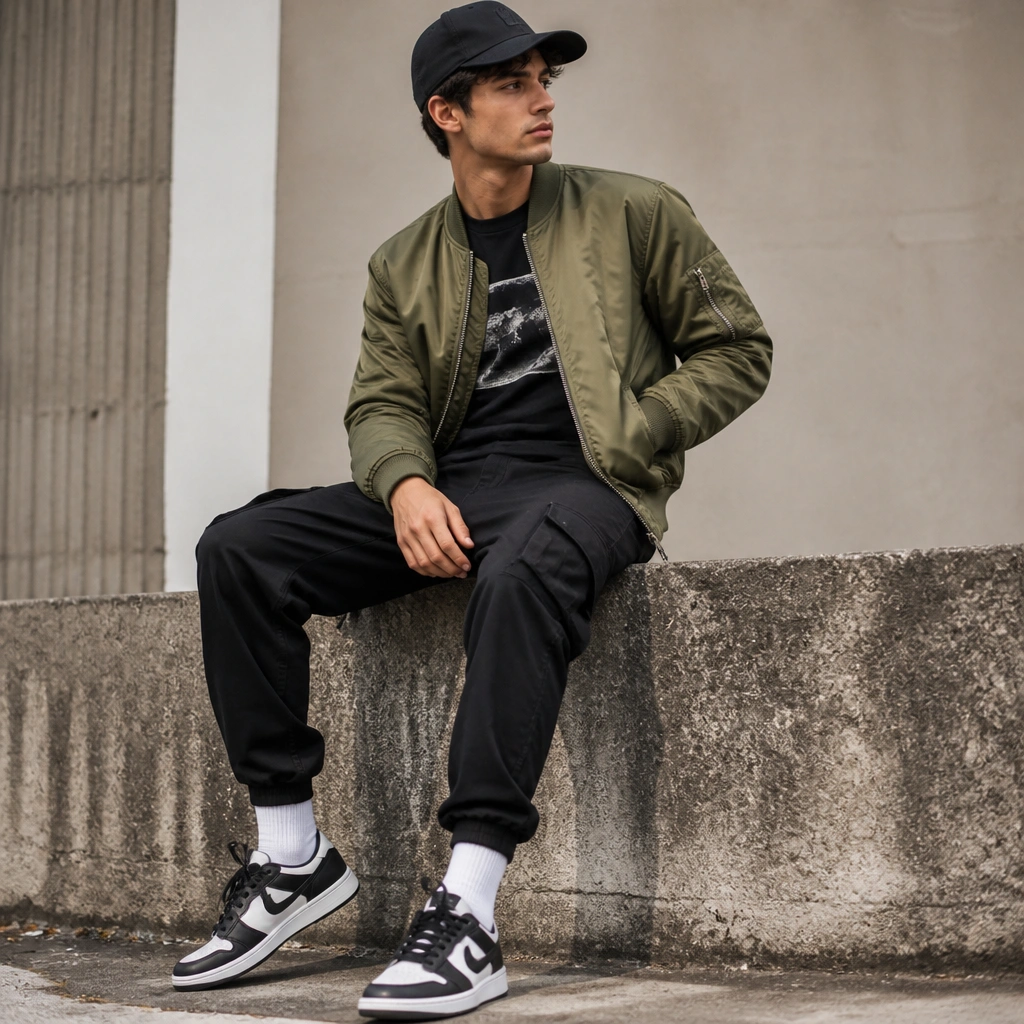 Black cargo jeans paired with a fitted black graphic tee and an olive bomber jacket. The look includes white crew socks, black-and-white sneakers, and a cap worn forward.