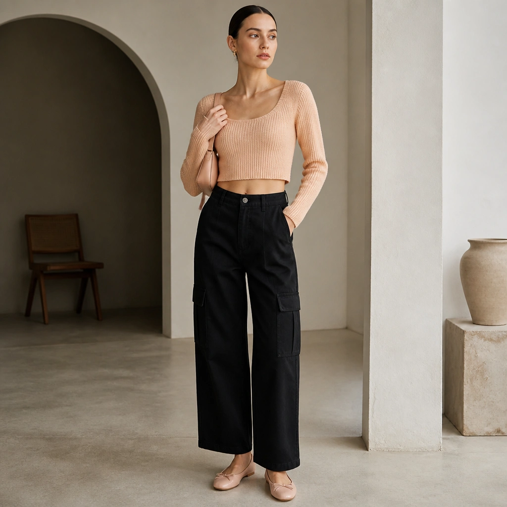 Black high-waisted cargo jeans with a light peach cropped knit top. The outfit includes ballet flats in nude pink and a small shoulder bag. Hair is pulled back, emphasizing the clean neckline.