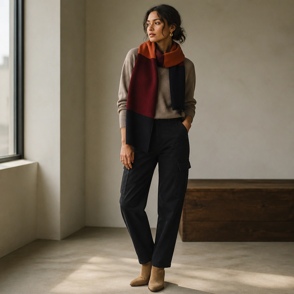 Black cargo jeans with a taupe crewneck sweater and a bold color-block scarf draped at the neck. The outfit includes tan ankle boots and small gold earrings.