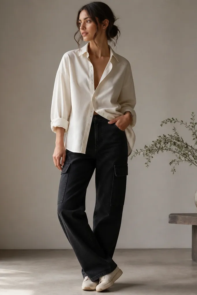 Black cargo jeans styled with an oversized cream button-down shirt worn open at the front. The shirt is half-tucked on one side, with sleeves rolled to the forearm. Neutral flats or sneakers complete the look.