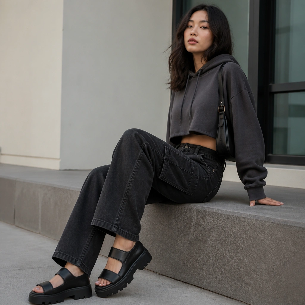 Black cargo jeans paired with a cropped hoodie in charcoal or deep gray. The outfit includes chunky platform sandals with thick straps and a small shoulder bag.