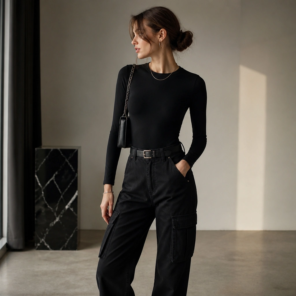 A fitted black bodysuit tucked into black cargo jeans. A slim belt cinches the waist above the cargo pockets, with a sleek chain strap bag and minimal jewelry.