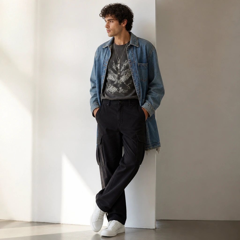 Black cargo jeans with a tucked graphic tee and a longline denim jacket worn open. The shoes are white sneakers, and the styling includes a layered necklace.