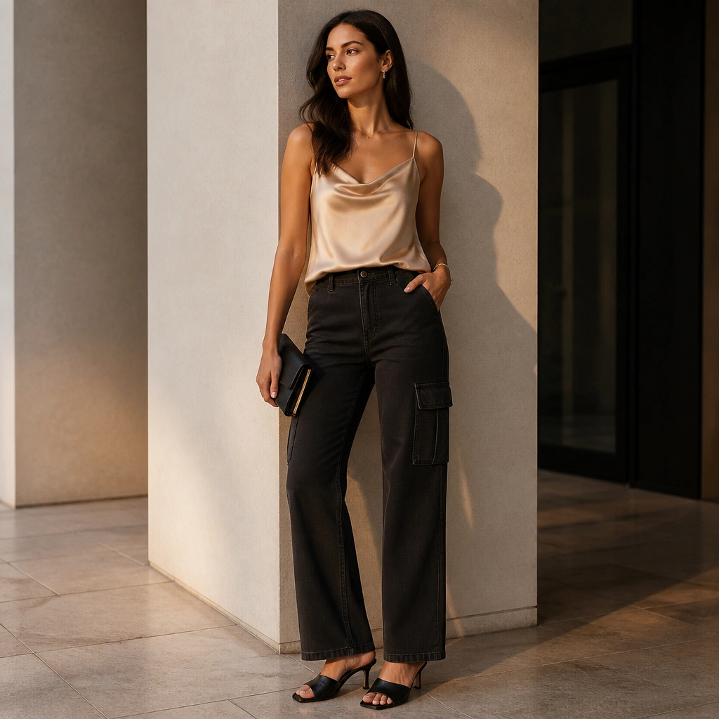 Black cargo jeans styled with a satin cami in champagne or soft gold. The cami catches light, and the outfit includes heeled mules and a clutch or small evening bag.