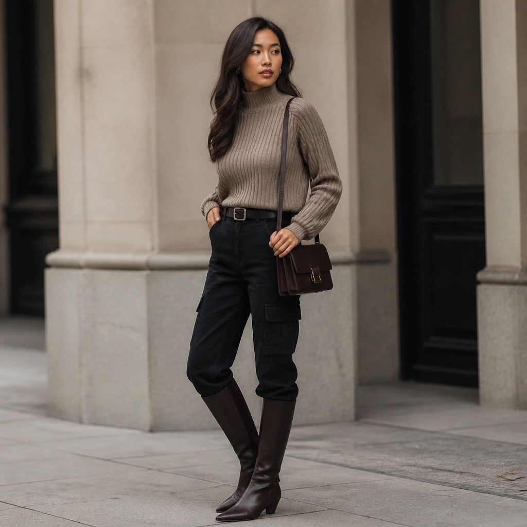 Black cargo jeans paired with a ribbed mock-neck sweater in oatmeal or mocha. The look includes tall brown or black boots and a structured crossbody bag.