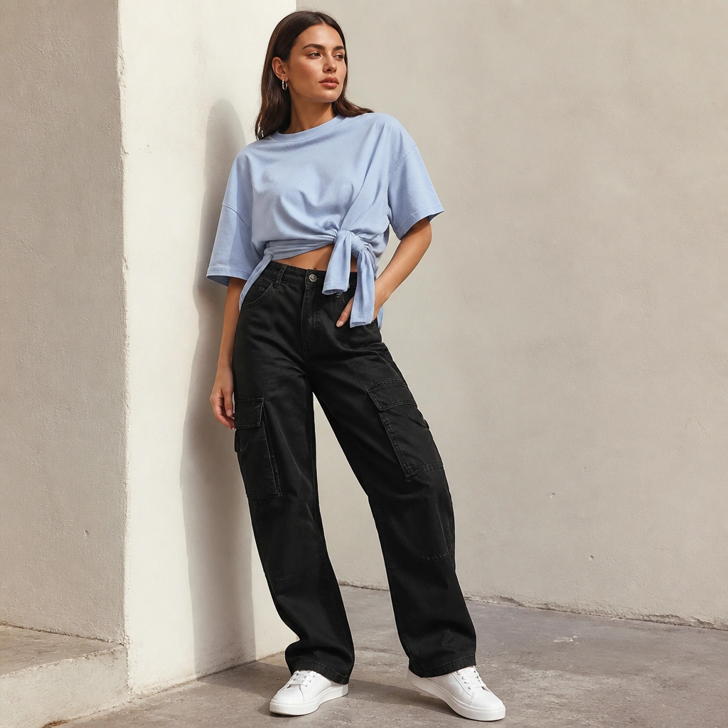 Black cargo jeans with a light blue oversized tee tied in the front. The outfit shows a tie knot at the waist, plus white low-top sneakers and small hoop earrings.