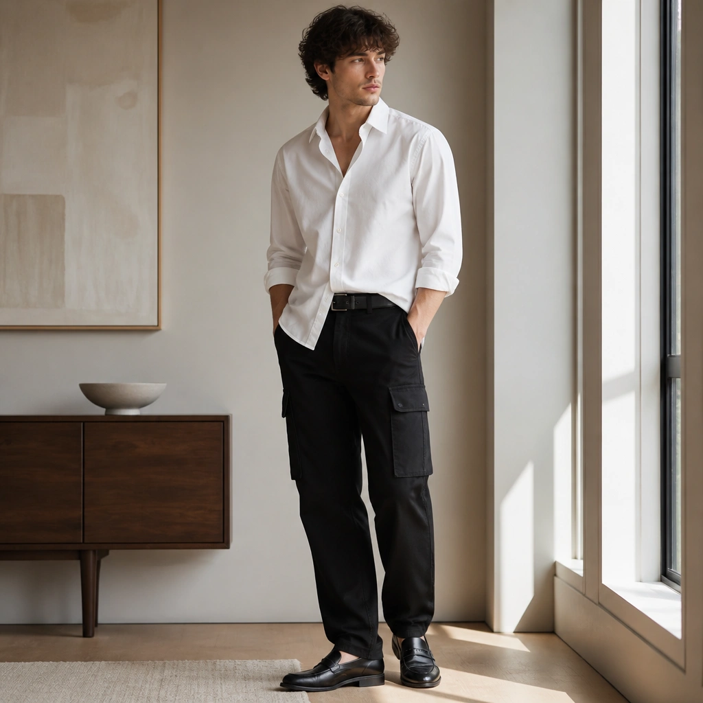 Black cargo jeans styled with a white dress shirt left mostly untucked, with sleeves rolled to the forearm. The look includes a leather-look belt and loafers or clean sneakers.